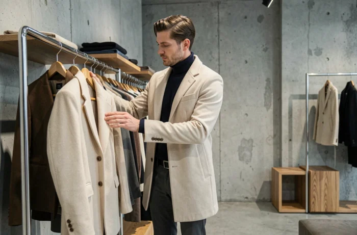 Homme élégant en manteau écru dans un concept store contemporain, actualités mode masculine hiver