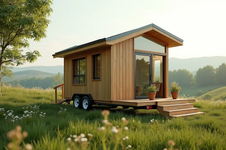 Tiny house moderne en bois avec grande terrasse posée dans la campagne française verdoyante