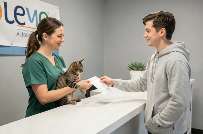 Vétérinaire remettant un formulaire de transfert de propriété d'un chat à un nouveau propriétaire à la réception d'une clinique vétérinaire