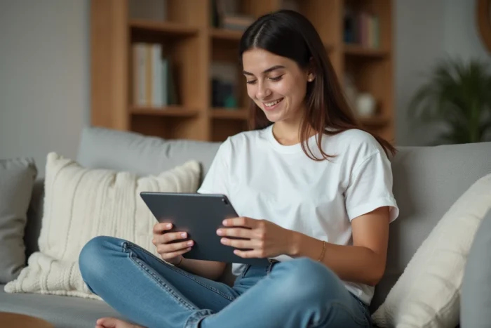 Jeune femme suivant un tutoriel d'inscription sur une tablette depuis son salon