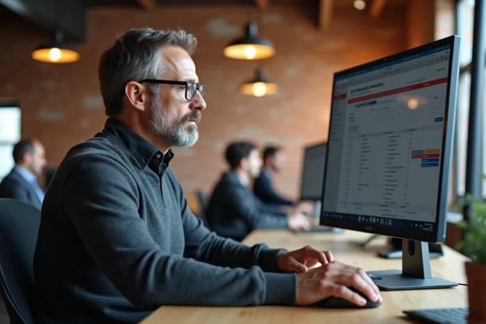 Homme utilisant une application web étape par étape dans un espace de coworking moderne
