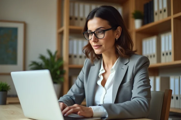 VDI femme générant une facture électronique sur ordinateur portable dans un bureau à domicile organisé