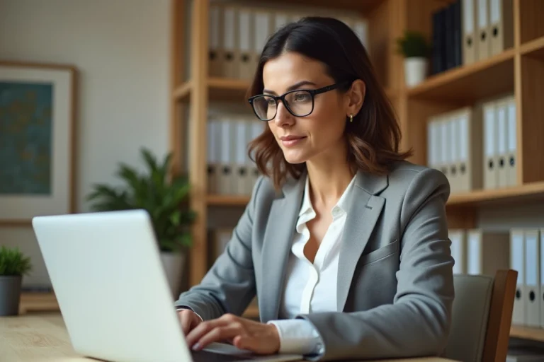 VDI femme générant une facture électronique sur ordinateur portable dans un bureau à domicile organisé
