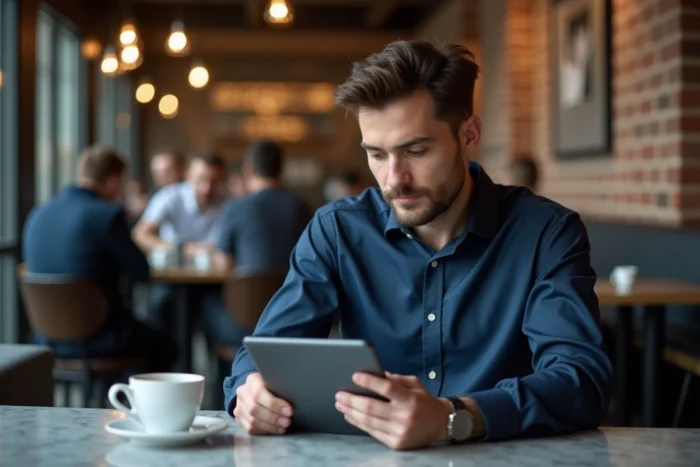 VDI homme créant une facture électronique sur tablette dans un café moderne