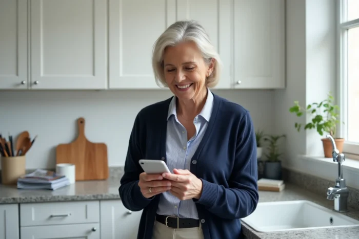 VDI senior validant une facture électronique sur smartphone dans une cuisine moderne