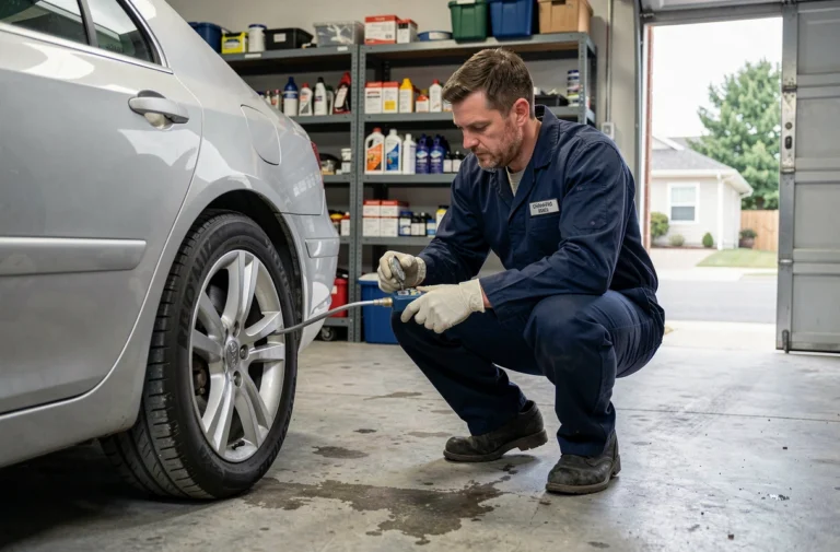 Mécanicien vérifiant la pression des pneus d'une voiture dans un garage résidentiel propre