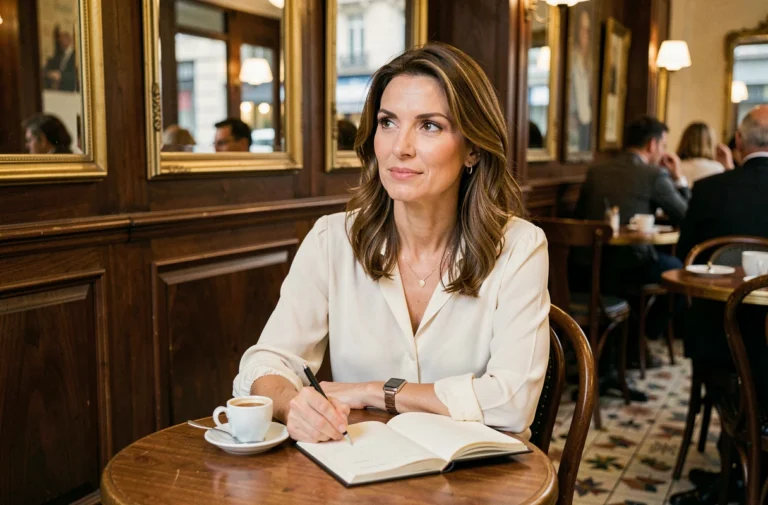 Femme élégante dans un café parisien, illustrant la vie privée et le mystère d'un couple médiatique